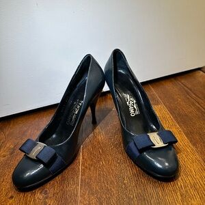 Salvatore Ferragamo patent blue Vara bow heels